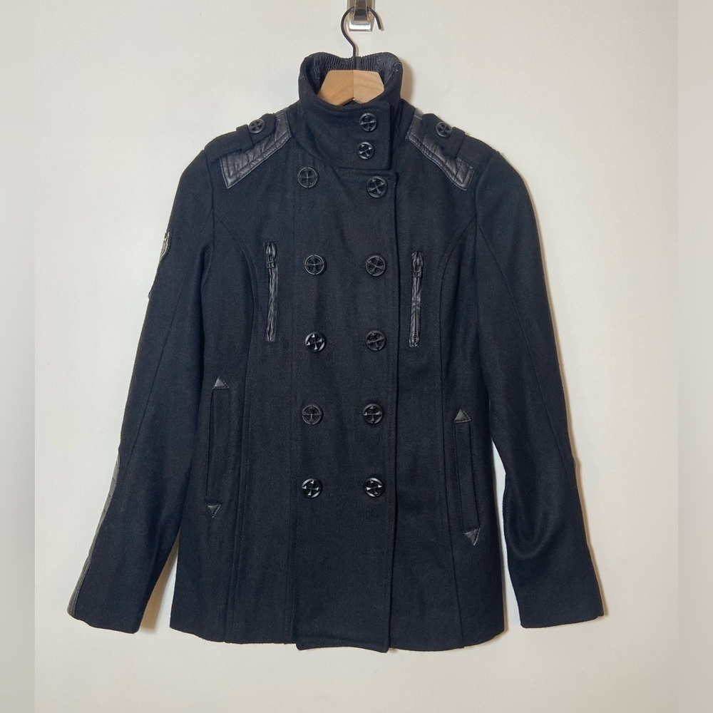 Affliction Live Fast Black Premium Wool Double Breasted Pea Coat Jacket Women XS